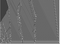 Un automate cellulaire binaire monodimensionnel élémentaire -110- avec 49 points de départ blancs -sur la ligne du bas- 