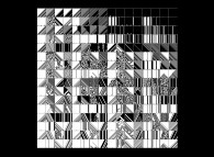 256 elementary monodimensional binary cellular automata with 56% of white starting points (bottom left is the automata number 0 when top right is the number 255)