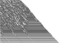 An elementary monodimensional binary cellular automaton -106- with random white starting points -on the bottom line- 
