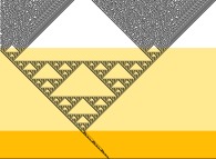 Three successive elementary monodimensional binary cellular automata -106,90,86- with 1 yellow starting point -bottom middle- 