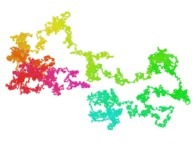 Bidimensional brownian motion -the colors used (magenta,red,yellow,green,cyan)are an increasing function of the time- 