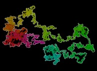 Mouvement brownien bidimensionnel -la palette de couleurs (magenta,rouge,jaune,vert,cyan)est une fonction croissante du temps- et sa 'frontière extérieure' (ou enveloppe) -blanche- 