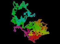 Bidimensional brownian motion -the colors used (magenta,red,yellow,green,cyan)are an increasing function of the time- and its 'external border' -white- 