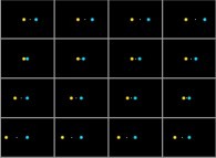 Perfect impact between 2 particles (yellow and blue, white point is their gravity center)