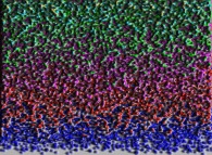 Tridimensional display (bird's-eye view)of the density of particles during a bidimensional diffusion process 