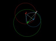Bidimensional localization of a point P its distances to the three vertices of a triangle ABC being known, the four points being coplanar 