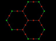 Three hexagons defining 28 different points (13 vertices plus 15 'middle' points, for 9 prime -green- and 19 non prime numbers -red-)