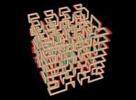 Anaglyph -blue=right, red=left- of the tridimensional Hilbert Curve -iteration 3- 