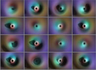 Tridimensional display of the dynamics of a linear superposition of 6 eigenstates of the Hydrogen atom (bidimensional computation and bird's-eye view)