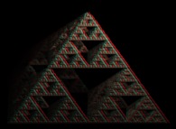 Anaglyph -blue=right, red=left- of an artistic view of a pyramidal Menger sponge computed by means of an 'Iterated Function System' -IFS- 