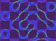 Time-integration with transparencies of the bidimensional Ising Model with 2-state spins, temperature=0.2 and regular initial conditions (a chessboard)-display of tilting sites only- 