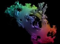 A pseudo-quaternionic Julia set ('MandelBulb' like: a 'JuliaBulb')computed with A=(-0.58...,+0.63...,0,0) -tridimensional cross-section- 