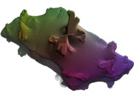 A pseudo-quaternionic Julia set ('MandelBulb' like: a 'JuliaBulb')computed with A=(-0.58...,+0.63...,0,0) with 6 iterations -tridimensional cross-section- 