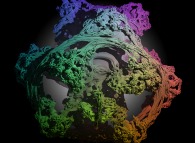 A foggy pseudo-octonionic Julia set ('MandelBulb' like: a 'JuliaBulb')computed with A=(-0.58...,+0.63...,0,0,0,0,0,0) and with a rotation about the X axis -tridimensional cross-section- 