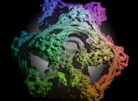 A foggy pseudo-octonionic Julia set ('MandelBulb' like: a 'JuliaBulb')computed with A=(-0.58...,+0.63...,0,0,0,0,0,0) with a rotation about the X axis -tridimensional cross-section-