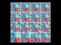 The Mandelbrot set with bidimensional display of the arguments and computed with an increasing exponent, from 1 -bottom left- to 16 -top right- 