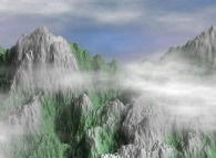 Fractal synthesis of mountains with vegetation and clouds 