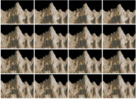 A fractal mountain using a gaussian model with various standard deviation values (decreasing from 0.06 to 0.02)