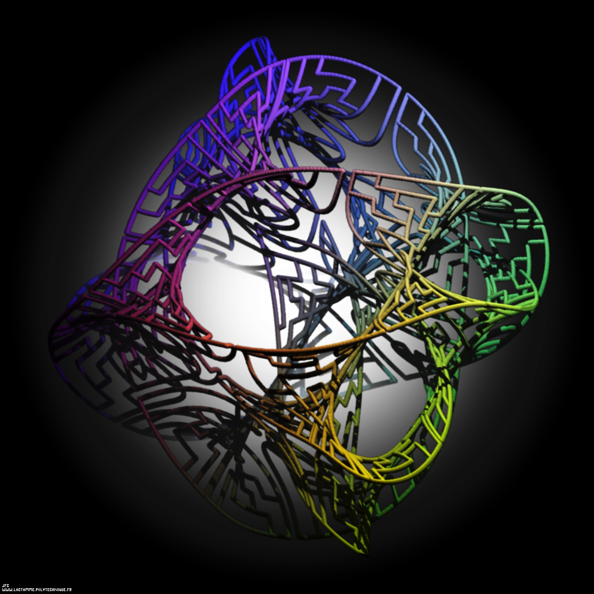 Tridimensional representation of a quadridimensional Calabi-Yau manifold described by means of one of the 2339 pentominos 6x10 puzzle [Repr&eacute;sentation tridimensionnelle d'une vari&eacute;t&eacute; quadridimensionnelle de Calabi-Yau d&eacute;crite &agrave; l'aide de l'un des 2339 puzzles 6x10 de pentominos ]
