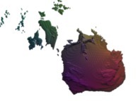 A 'mixing' between a pseudo-quaternionic Mandelbrot set and a pseudo-quaternionic Julia set computed with A=(-0.58...,+0.63...,0,0)-tridimensional cross-section- 