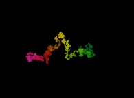 Tridimensional brownian motion on a cubic lattice based on the Verhulst dynamics -the colors used (magenta,red,yellow,green,cyan)are an increasing function of the time- 