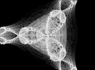 The quaternionic fractal set obtained when computing the roots of Q^3=1 using Newton's method with translation along the third axis of the quaternionic space -tridimensional cross-section- 