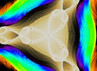 The quaternionic fractal set obtained when computing the roots of Q^3=1 using Newton's method with translation along the third axis of the quaternionic space -tridimensional cross-section- 