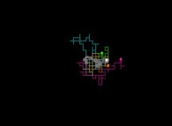 Isotropic random walk of 4 particles on a bidimensional square lattice with display of their gravity center -white particle- 