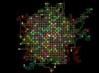 Isotropic random walk of 256 particles on a bidimensional square lattice with display of their gravity center -white particle- 