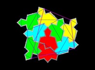 The level-1 cluster made of 9 'Spectre' tiles including a 'Mystic' (red and dark grey lines)with display of all the key-points making quadrilaterals (8 blue small and a magenta big one) 