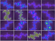 16 ensembles de Julia le long de la frontière de l'ensemble de Mandelbrot, avec visualisation du nombre d'itérations 