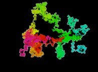 Bidimensional brownian motion -the colors used (magenta,red,yellow,green,cyan)are an increasing function of the time- and its 'external border' -white- 