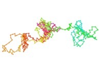 Bidimensional brownian motion -the colors used (magenta,red,yellow,green,cyan)are an increasing function of the time- 