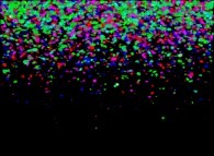 Visualization of the areas where the density is greater than 0.50 during a tridimensional diffusion process of 114299 particles 