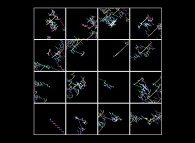 Chaotic trajectory: multiple reflexions between two parallel planes for 64 different initial conditions 