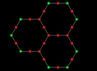 Three hexagons defining 28 different points (13 vertices plus 15 'middle' points, for 9 prime -green- and 19 non prime numbers -red-)