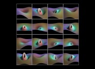 Tridimensional display of the dynamics of a linear superposition of 6 eigenstates of the Hydrogen atom (bidimensional computation)