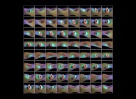 Tridimensional display of the dynamics of a linear superposition of 6 eigenstates of the Hydrogen atom (bidimensional computation)