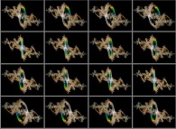 A set of 4x3 stereograms of the quaternionic Julia set computed with A=(-0.58...,+0.63...,0,0)-tridimensional cross-section- 