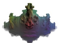 A pseudo-quaternionic Julia set ('MandelBulb' like: a 'JuliaBulb')computed with A=(-0.599332,0.028308,0,0) -tridimensional cross-section- 