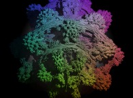 A foggy pseudo-octonionic Julia set ('MandelBulb' like: a 'JuliaBulb')computed with A=(-0.58...,+0.63...,0,0,0,0,0,0) and with a rotation about the X axis -tridimensional cross-section- 