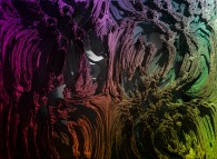 Close-up on a foggy pseudo-octonionic Julia set ('MandelBulb' like: a 'JuliaBulb')computed with A=(-0.58...,+0.63...,0,0,0,0,0,0) and with a rotation about the X axis and with a tridimensional non linear transformation in the pseudo-octonionic space -tridimensional cross-section- 
