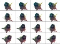 Rotation about the Y (vertical)axis of a foggy pseudo-quaternionic Mandelbrot set (a 'MandelBulb') that can also be viewed as a set of 4x3 stereograms -tridimensional cross-section- 