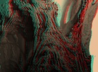 Anaglyph -blue=right, red=left- of a close-up on a pseudo-quaternionic Mandelbrot set (a 'Mandelbulb')-tridimensional cross-section- 