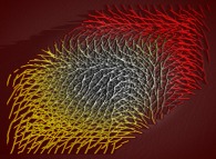 Vue artistique de l'intégration tridimensionnelle de la rotation de la phase de la transformée en ondelettes d'un champ fractal bidimensionnel 