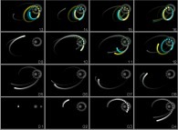 N-body problem integration (N=4: one star, one heavy planet and one light planet with a satellite)computed on two 'compatible' computers (the Yellow one and the Cyan one: sensitivity to rounding-off errors) 