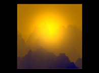 Synthèse fractale de montagnes au coucher du Soleil 