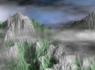 Synthèse fractale de montagnes avec de la végétation et des nuages d'orage 