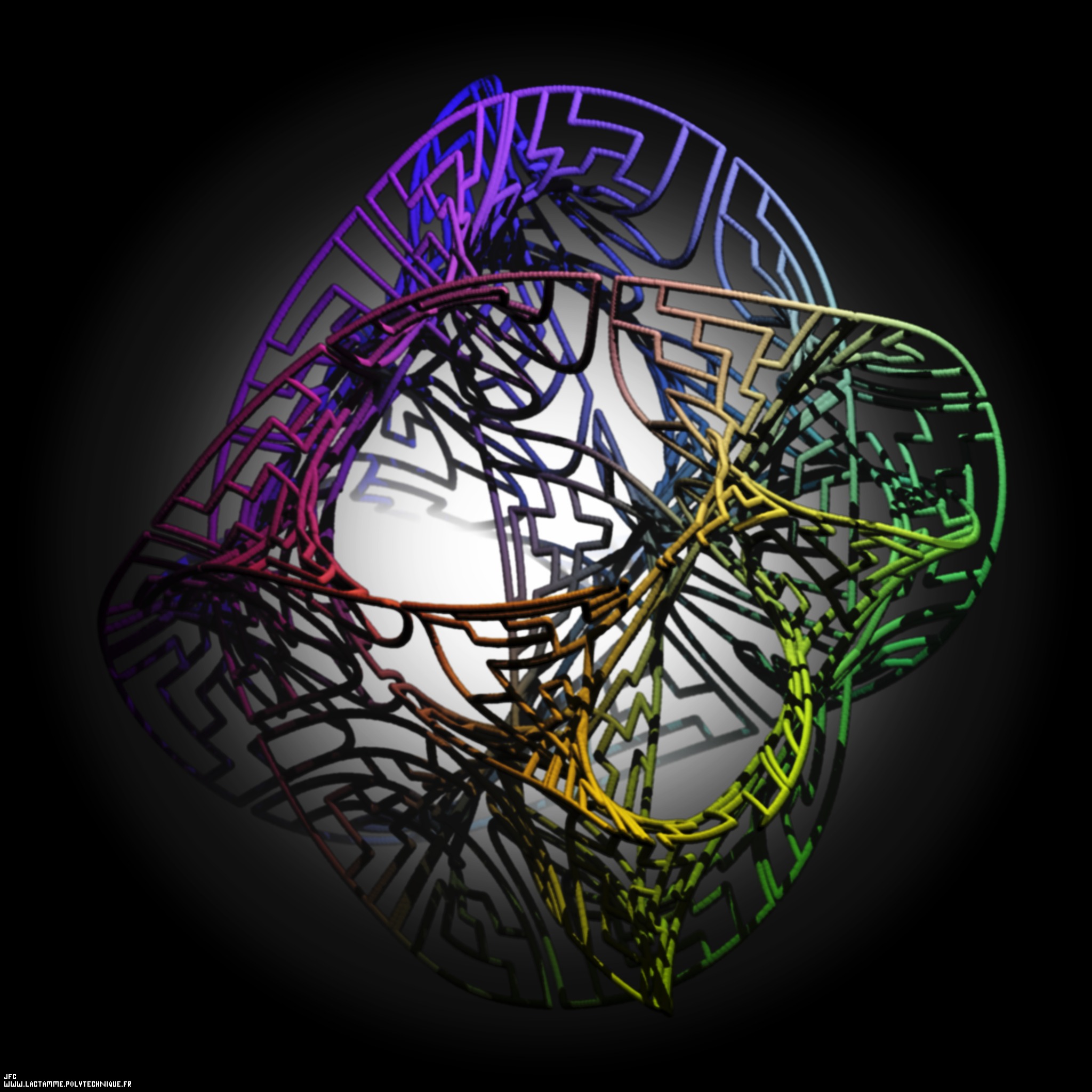 Tridimensional representation of a quadridimensional Calabi-Yau manifold described by means of one of the 2339 pentominos 6x10 puzzle [Repr&eacute;sentation tridimensionnelle d'une vari&eacute;t&eacute; quadridimensionnelle de Calabi-Yau d&eacute;crite &agrave; l'aide de l'un des 2339 puzzles 6x10 de pentominos ]