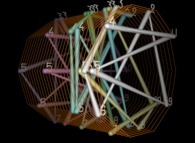 The 50 first digits {14...} of 'pi' displayed on an helix -orange- 